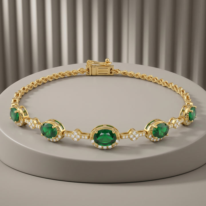 14k Yellow Gold 2.55 Carat Natural Diamond & Emerald Gemstone Bracelet 7.25" Long