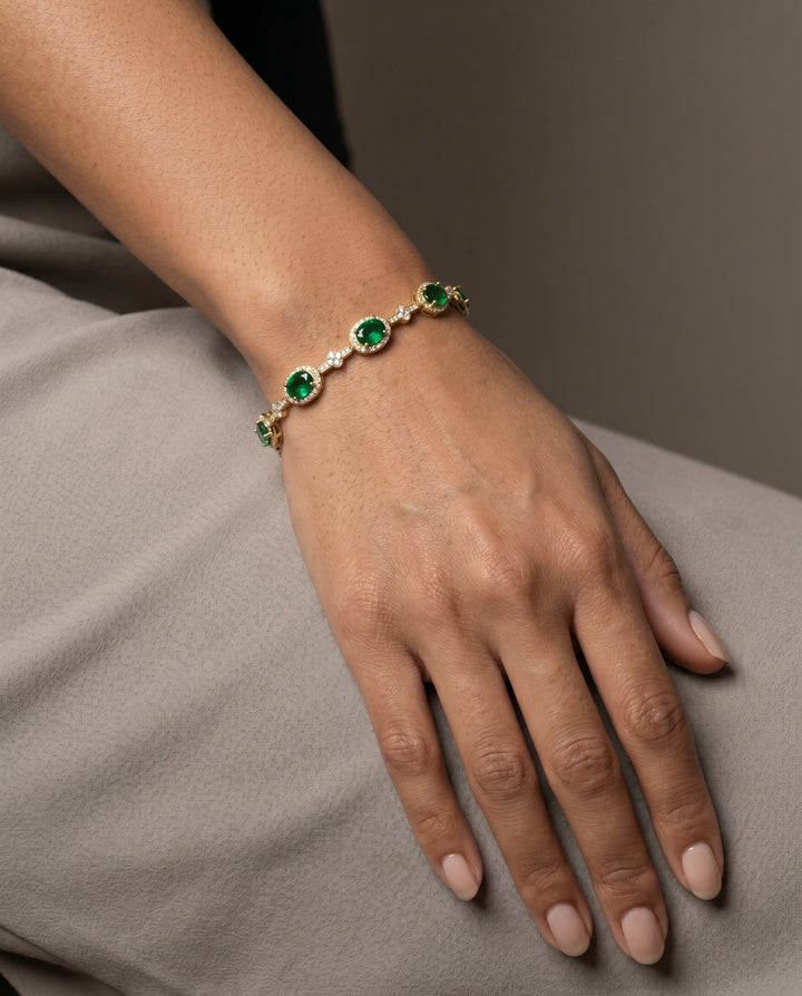 14k Yellow Gold 2.55 Carat Natural Diamond & Emerald Gemstone Bracelet 7.25" Long