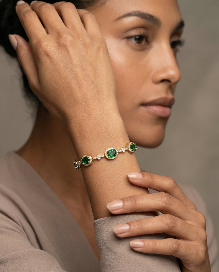 14k Yellow Gold 2.55 Carat Natural Diamond & Emerald Gemstone Bracelet 7.25" Long