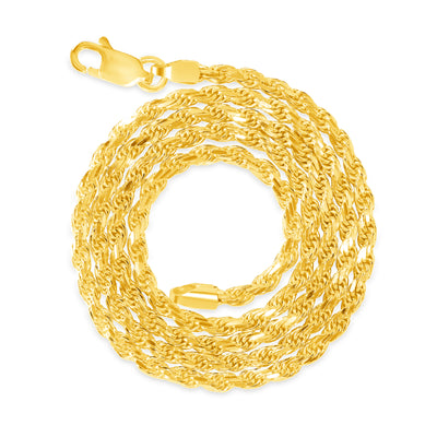 Solid 14K Yellow Gold 2 mm-4 mm Diamond-Cut Rope Chain Necklace 16"-26"