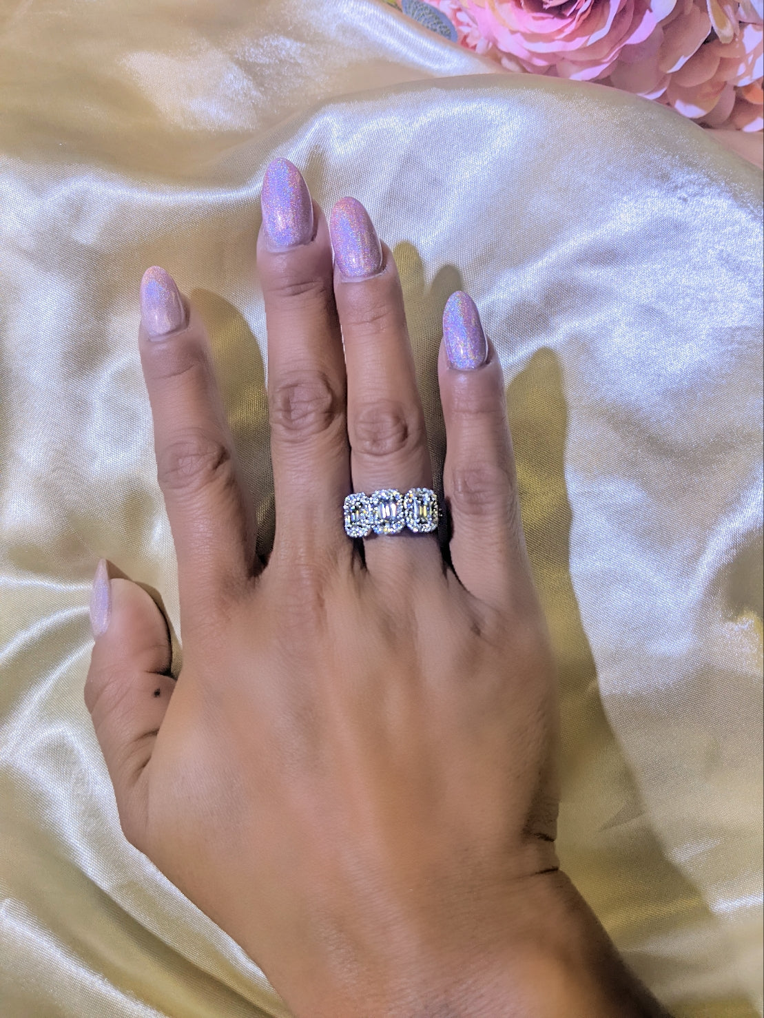2.25 Carat Three Stone Halo Design Emerald Cut Engagement Ring