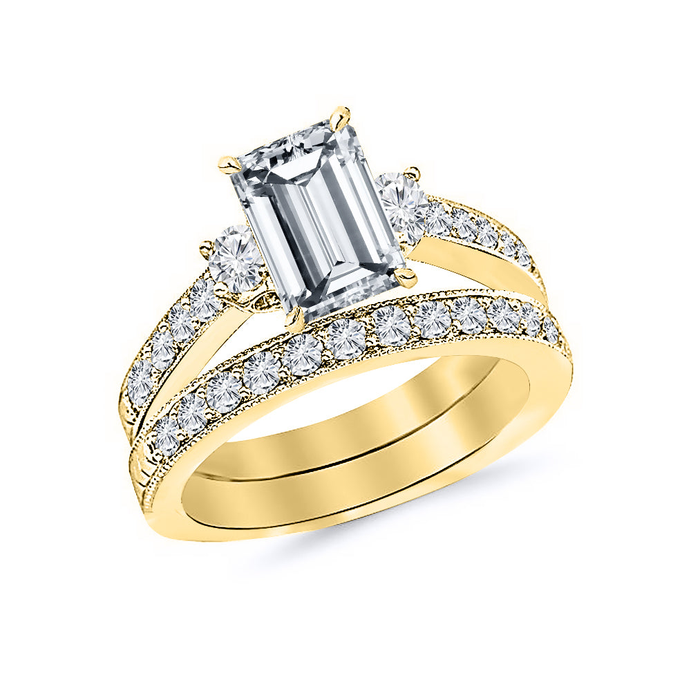1.35 Carat Emerald Cut with Brilliant Round Diamond Engagement Wedding Set