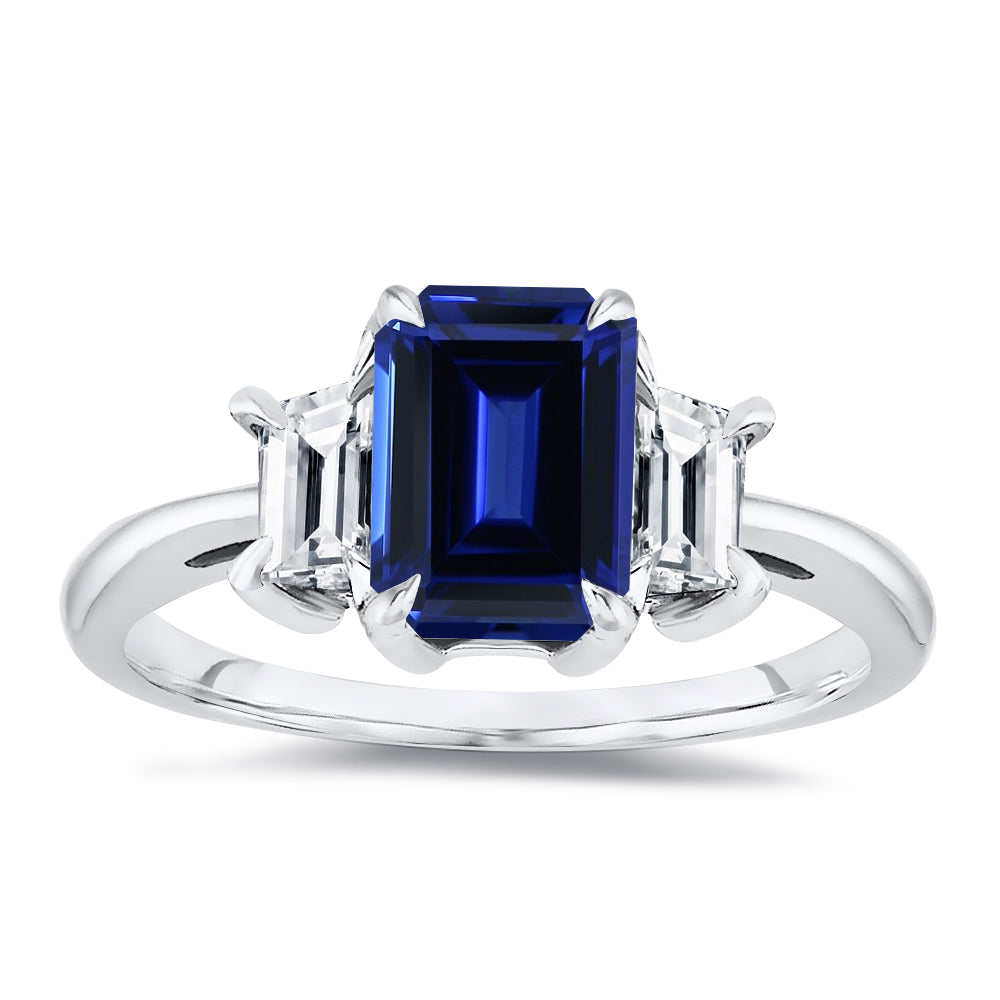 Three Stone 7x5MM 1.00 Ct. Tw. Emerald Cut Natural Blue Sapphire & 0.50 Ct. Tw. Diamond Ring