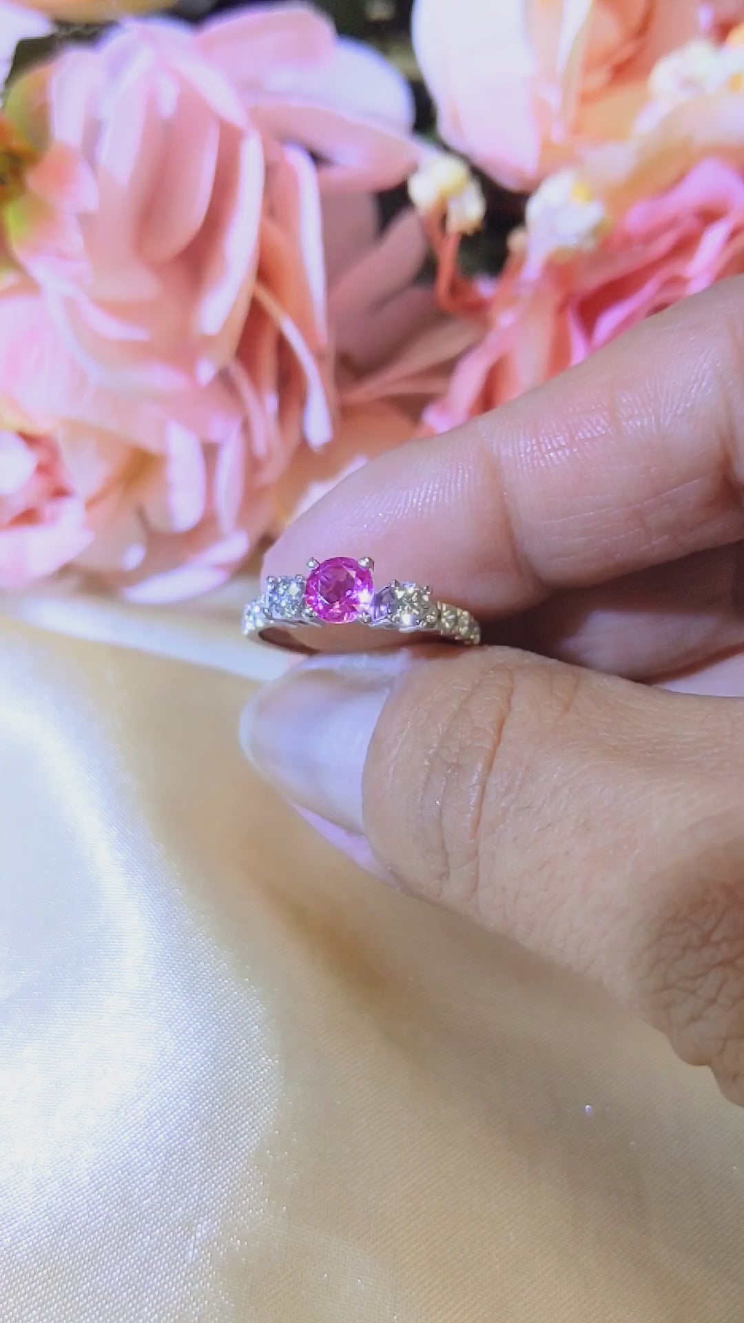 5MM Round Cut Natural Pink Sapphire & 0.58 Ct. Tw. Diamond Ring