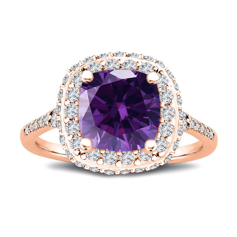 7x7MM Natural Amethyst Cushion Cut Center Stone with Double Halo 0.75 Ct. Tw. Diamond Ring