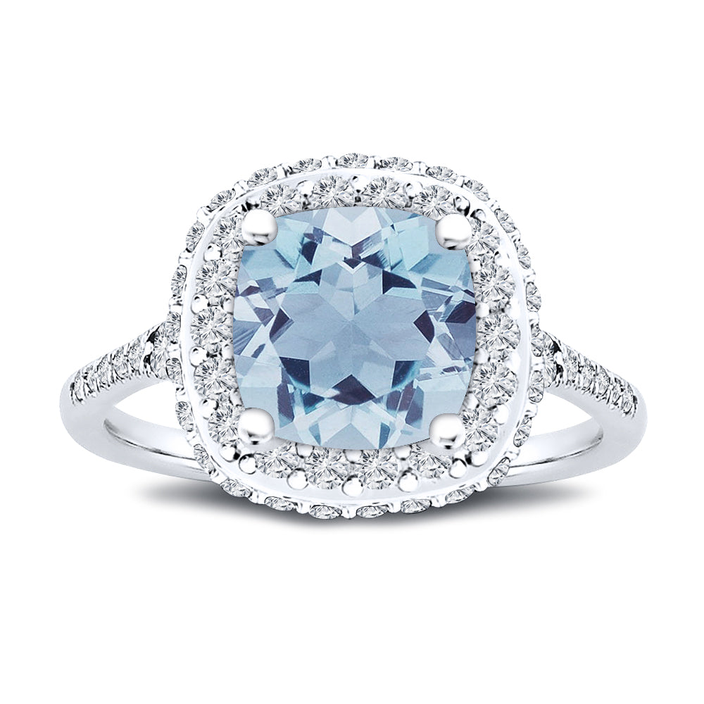 7x7MM Cushion Cut Natural Aquamarine Center Stone with Double Halo 0.75 Ct. Tw. Diamond Ring