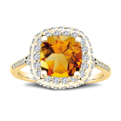 7x7MM Natural Citrine Cushion Cut Center Stone with Double Halo 0.75 Ct. Tw. Diamond Ring