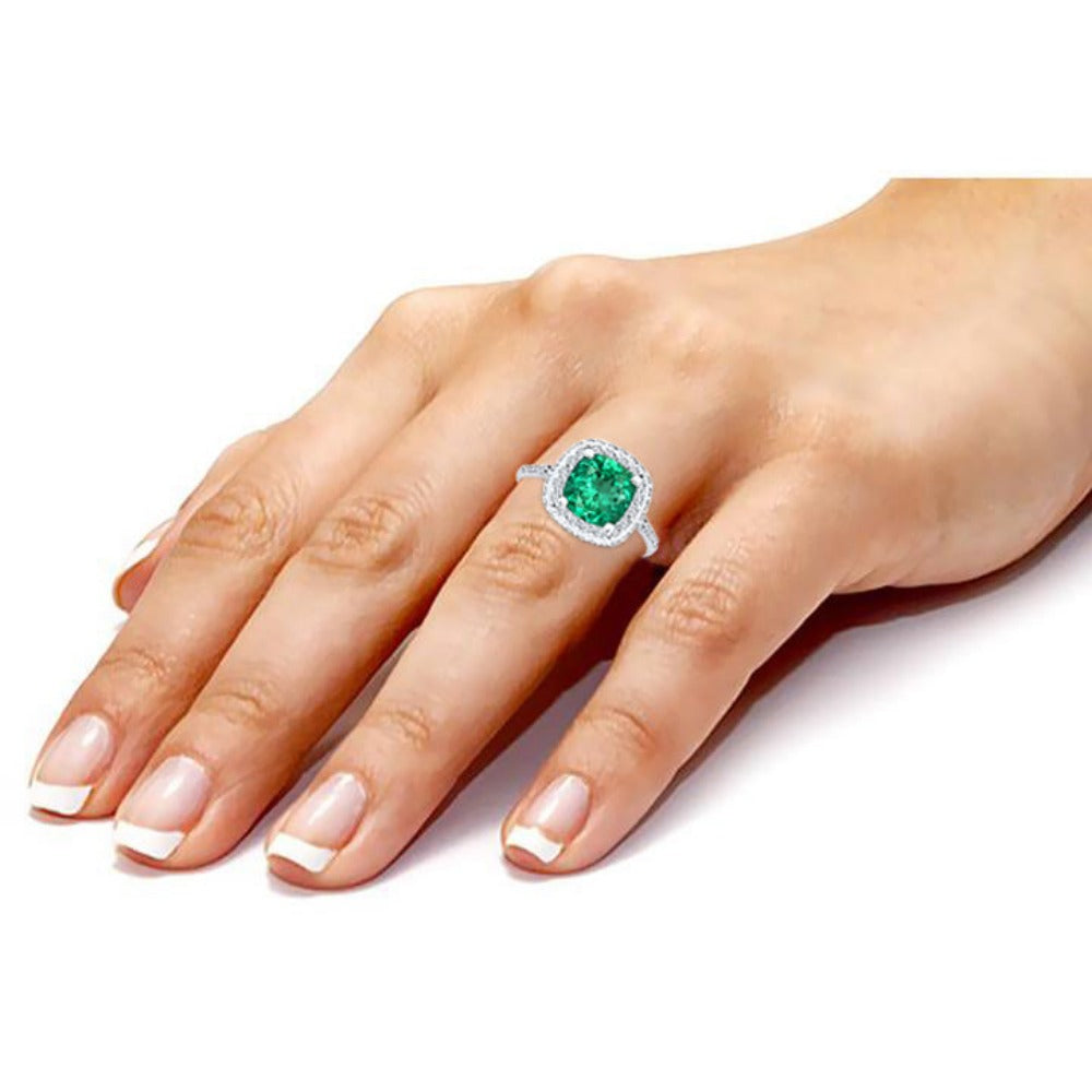 7x7MM Cushion Cut Natural Green Emerald Center Stone with Double Halo 0.75 Ct. Tw. Diamond Ring