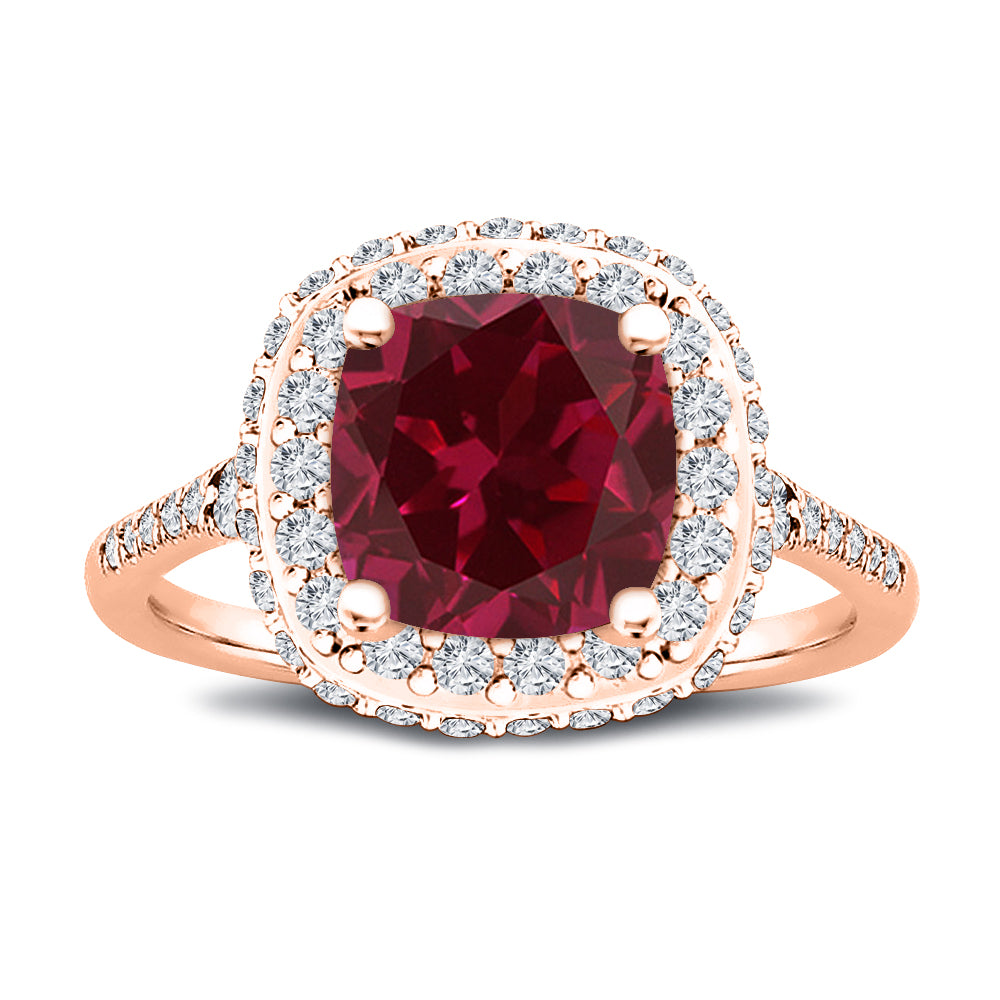 7x7MM Natural Ruby Cushion Cut Center Stone with Double Halo 0.75 Ct. Tw. Diamond Ring