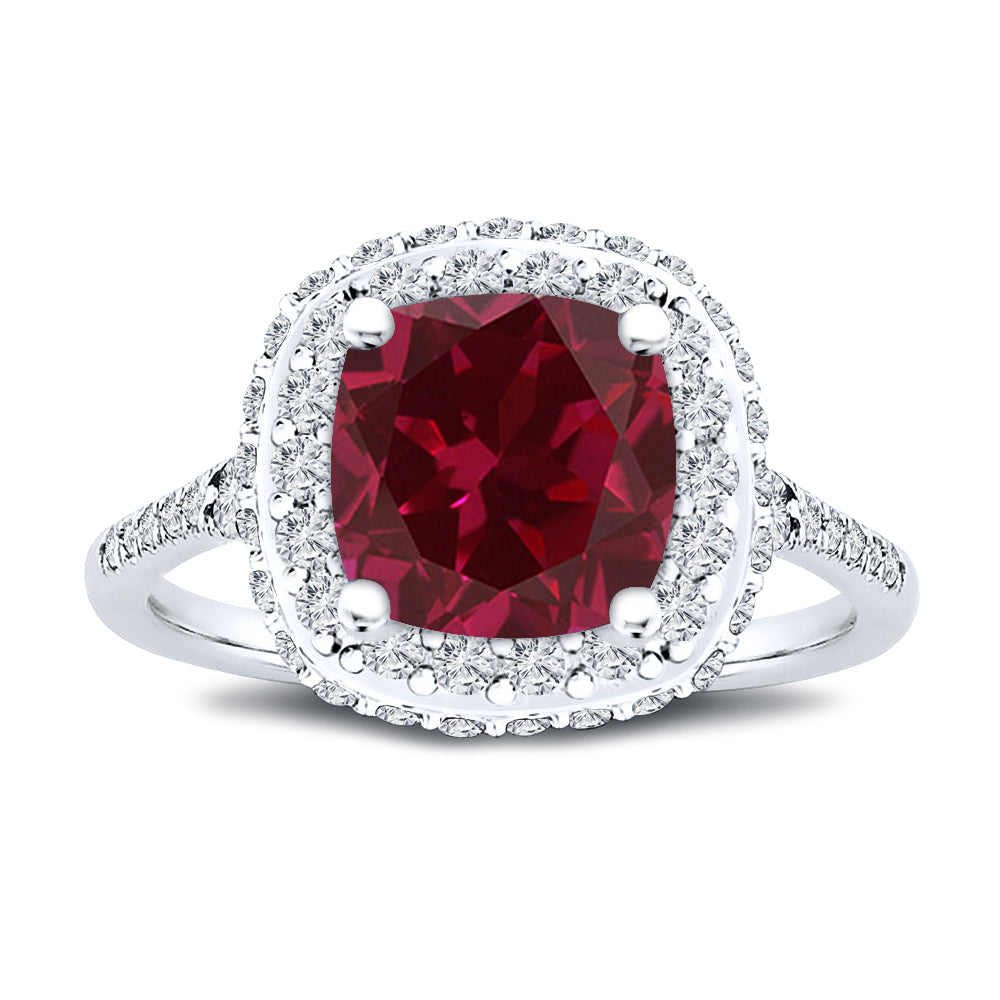 7x7MM Natural Ruby Cushion Cut Center Stone with Double Halo 0.75 Ct. Tw. Diamond Ring