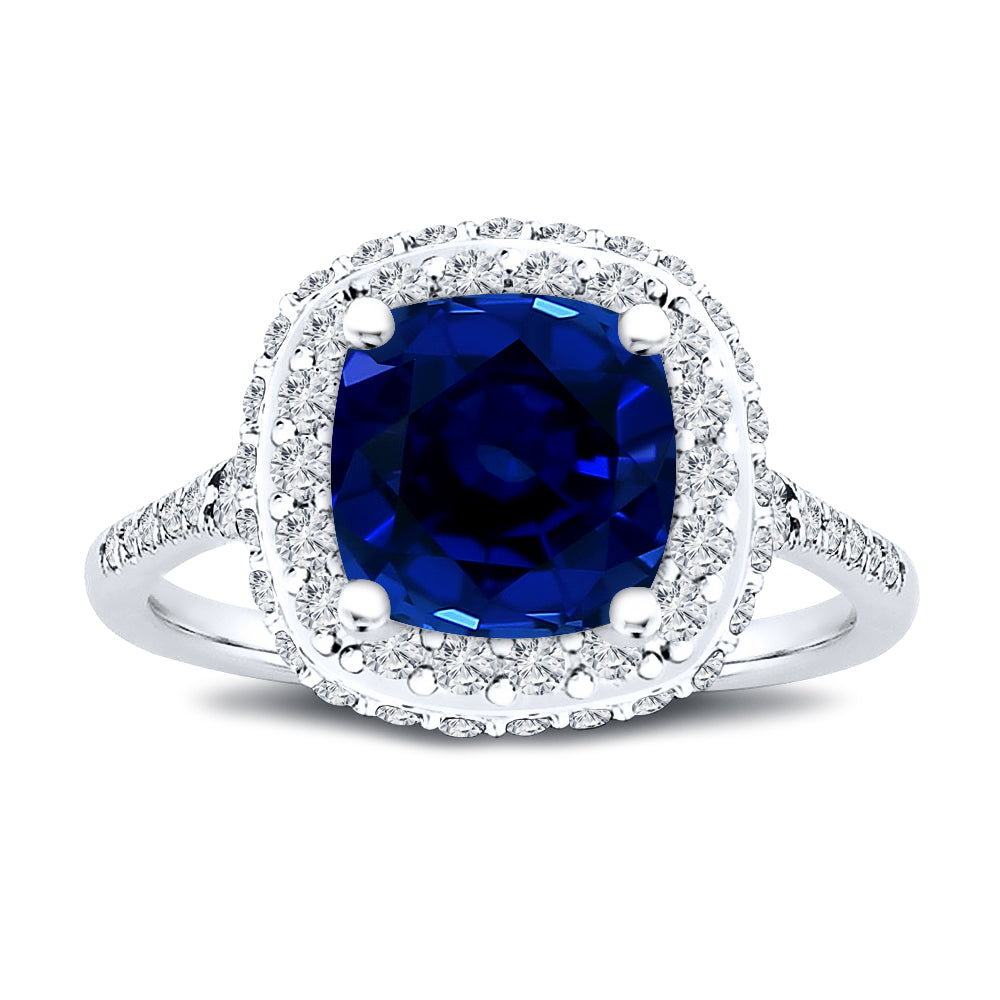 7x7MM 2.00 Ct. Tw.Cushion Cut Natural Blue Sapphire Center Stone with Double Halo 0.75 Ct. Tw. Diamond Ring