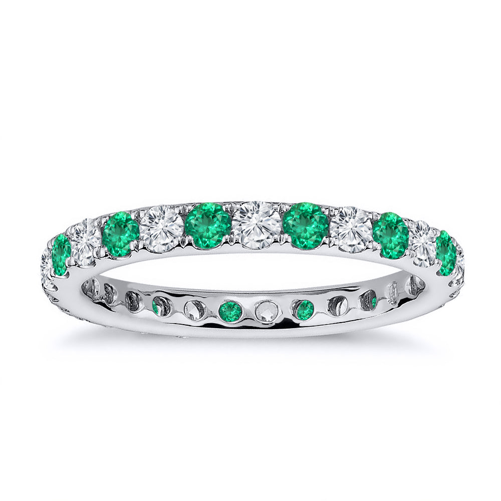 2.20 Carat Brilliant Round Diamond & Natural Green Emerald Wedding Eternity Band