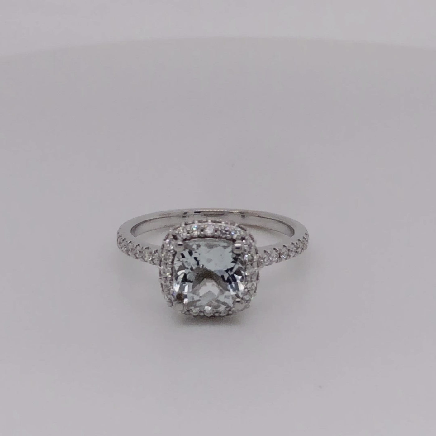 7x7MM Cushion Cut Natural Aquamarine Center Stone with Double Halo 0.75 Ct. Tw. Diamond Ring