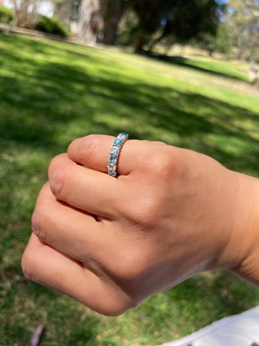 Stone Round Cut Diamond and Natural Swiss Blue Topaz Band