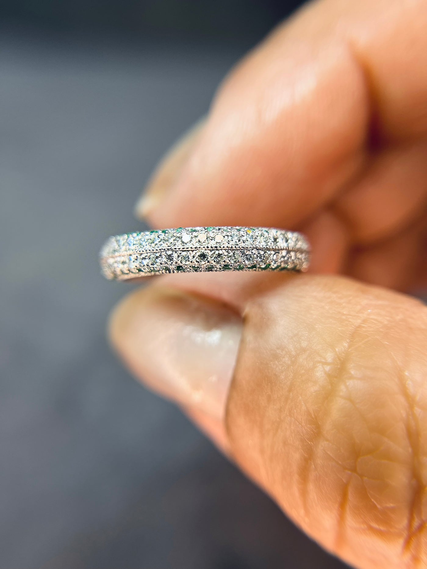 2.00 Ct. Tw. Round Cut Four Row Diamond & Natural Green Emerald Eternity Band