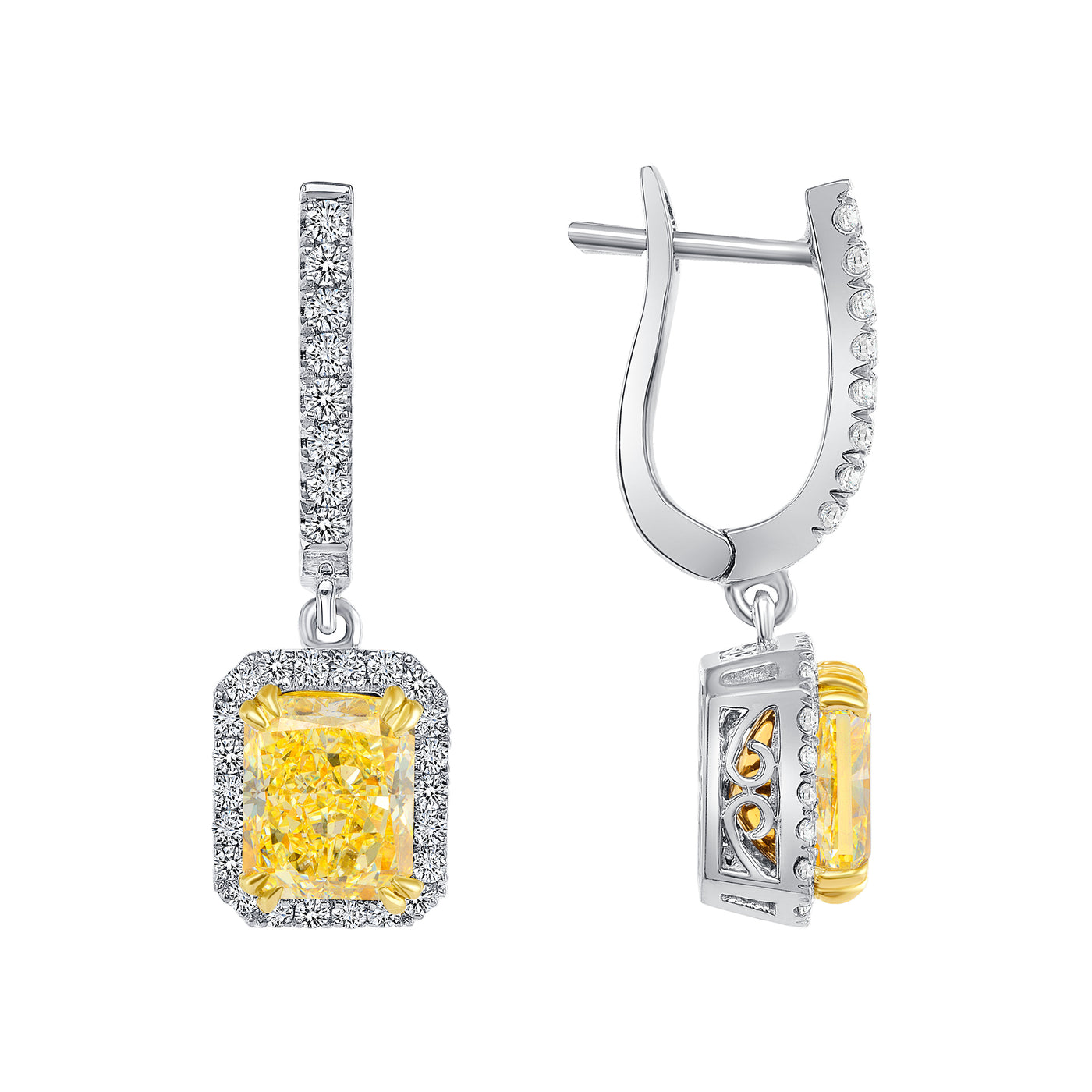 1 1/2 Carat Natural Fancy Yellow Cushion Earrings with 0.82 Carat Side Diamonds