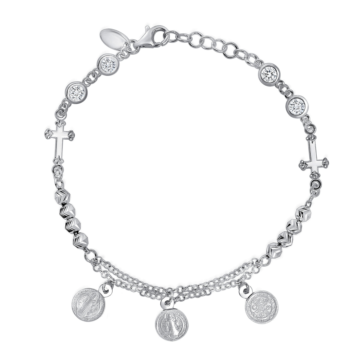 Italian Sterling Silver Saint Benedict Bead Charm Cross CZ Bracelet