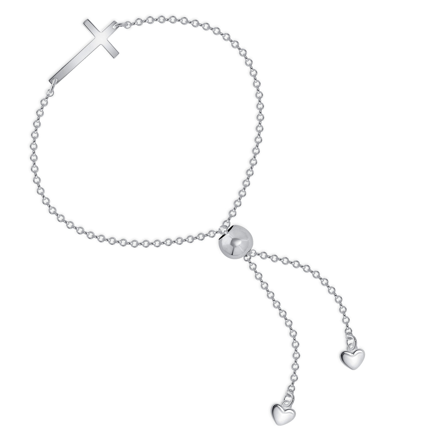 Italian Sterling Silver Horizontal Plain Sideways Cross Adjustable Link Chain Bracelet