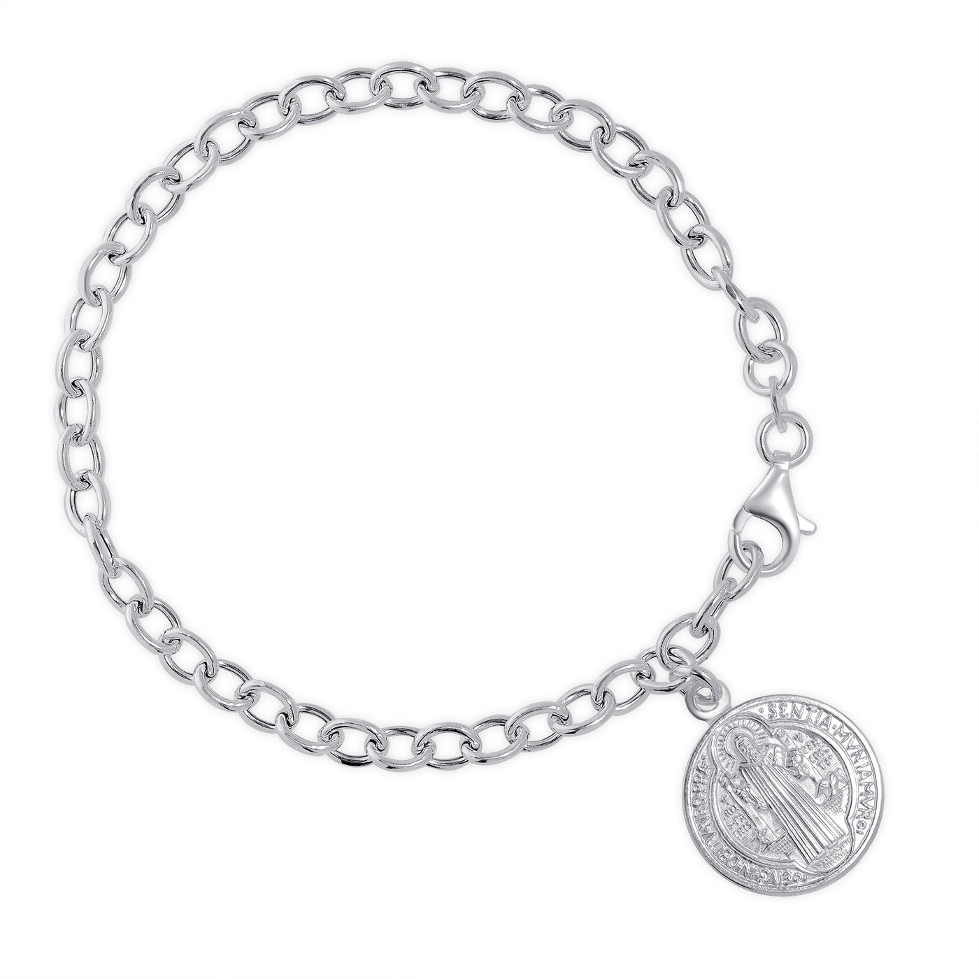 Italian Sterling Silver Saint Benedict Dangle Medal Cable Link Bracelet
