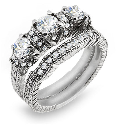 1.50 Ct. Tw. Brilliant Round Cut Three Stone Inspired Diamond Antique Style Engagement Wedding Set Ring