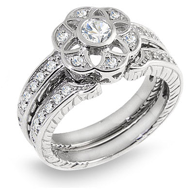 1.50 Ct. Tw. Round Cut Diamond Flower Design Engagement Wedding Ring Set
