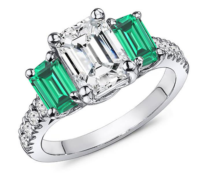 Three Stone Inspired 1.45 Carat Emerald Cut Diamond & Natural Green Emerald Engagement Ring