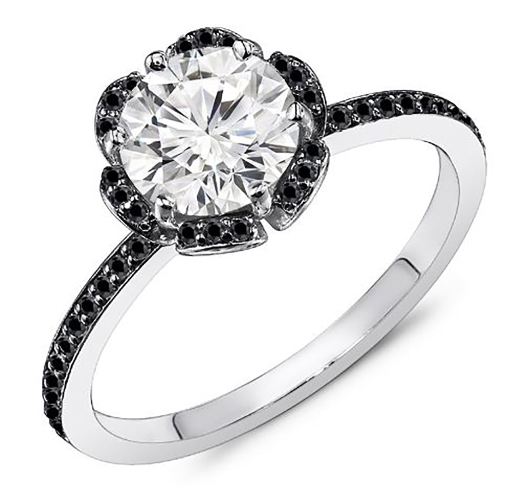 1.45 Carat Natural Black & White Diamond Flower Design Engagement Ring
