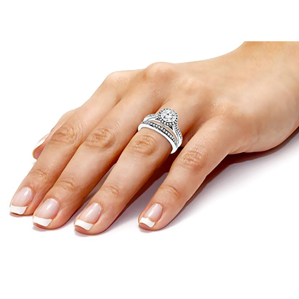1.00 Carat Brilliant Round Diamond Halo Engagement Wedding Ring Set