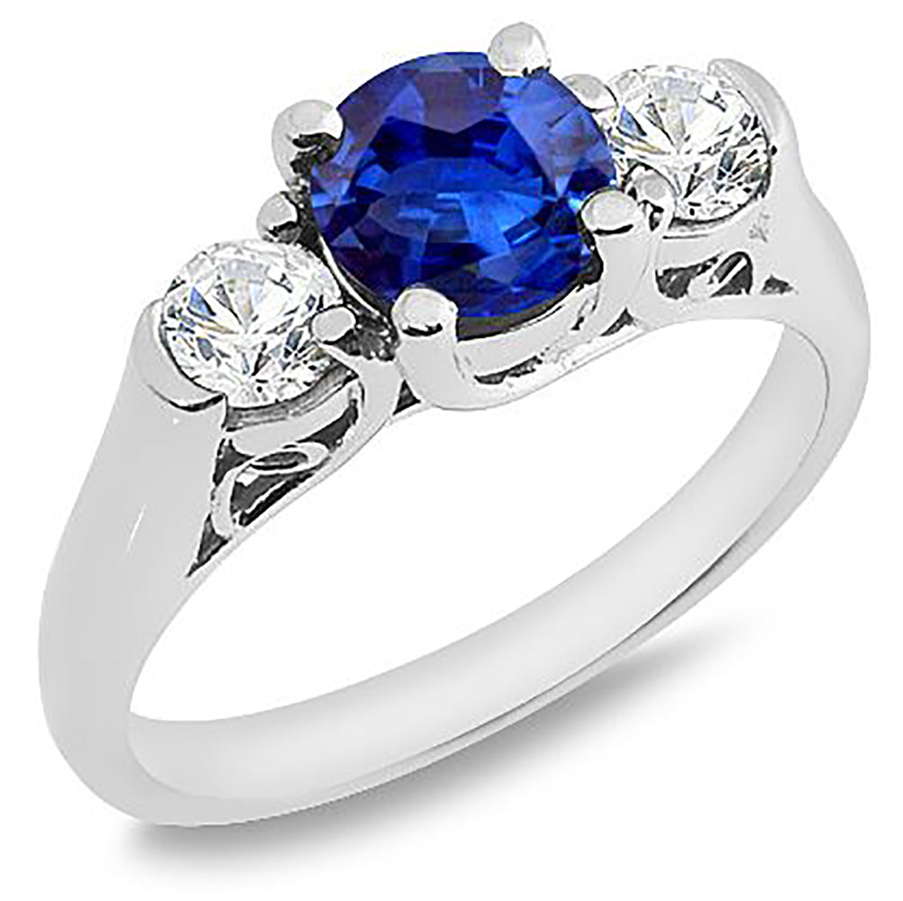 Three Stone 2.00 Ct. tw. Round Cut Natural Blue Sapphire with 0.50 Ct. Tw. Diamond Ring