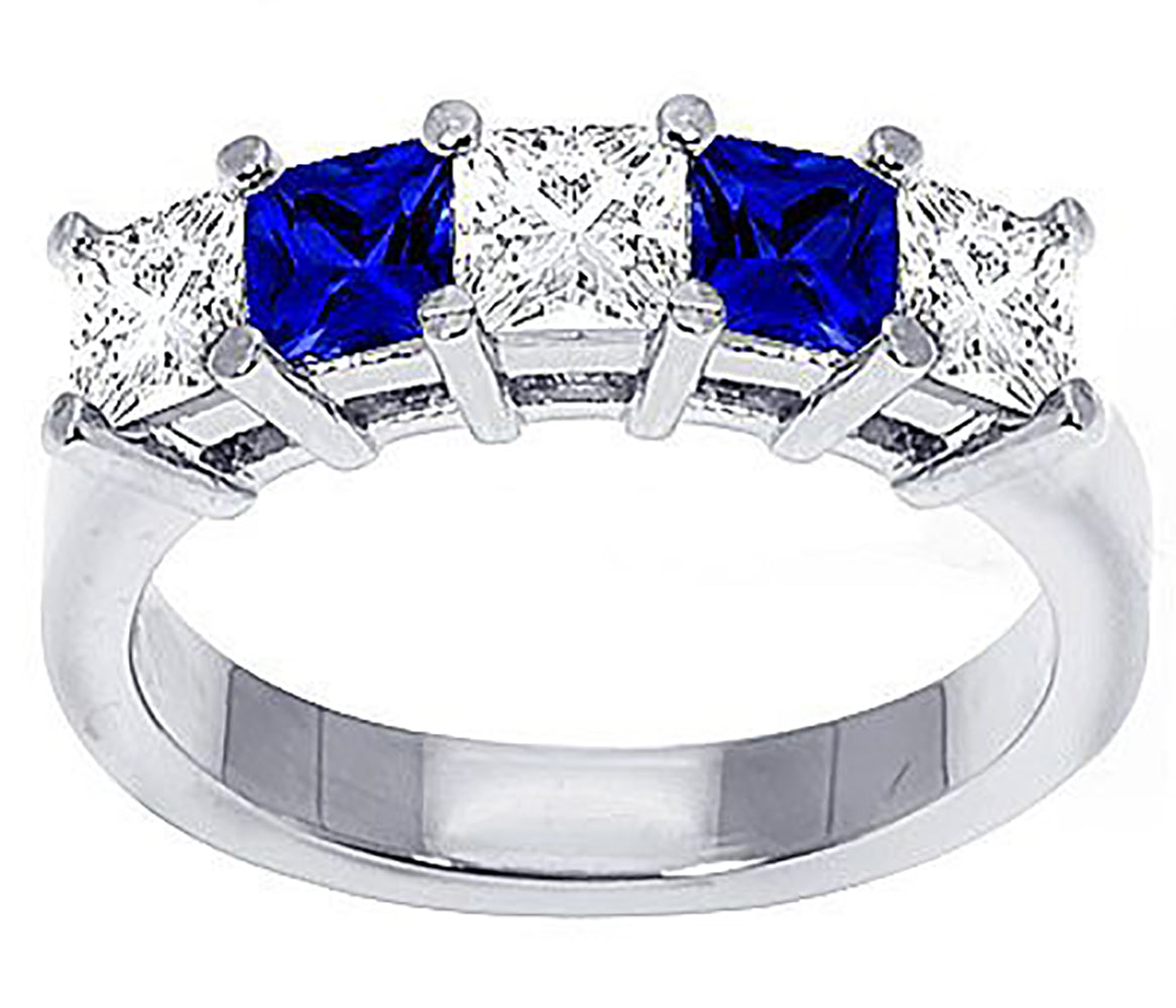1.40 Carat Princess Cut Diamond & Natural Blue Sapphire Band