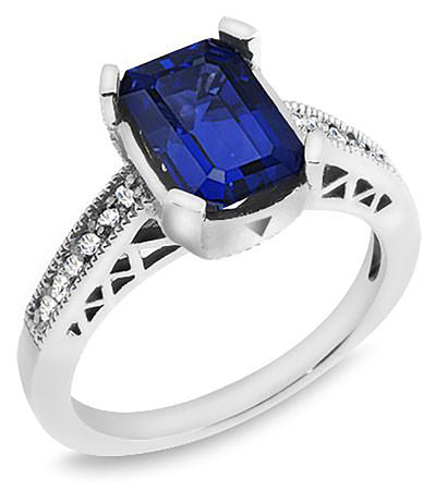 2.00 Ct. Tw. Emerald Cut Natural Blue Sapphire with 0.25 Ct. Tw. Diamond Ring