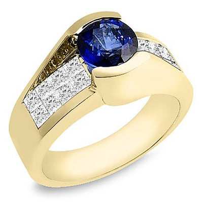 1.00 Ct. Tw. Brilliant Round Cut Natural Blue Sapphire with 0.90 Ct. Tw. Princess Cut Diamond Ring