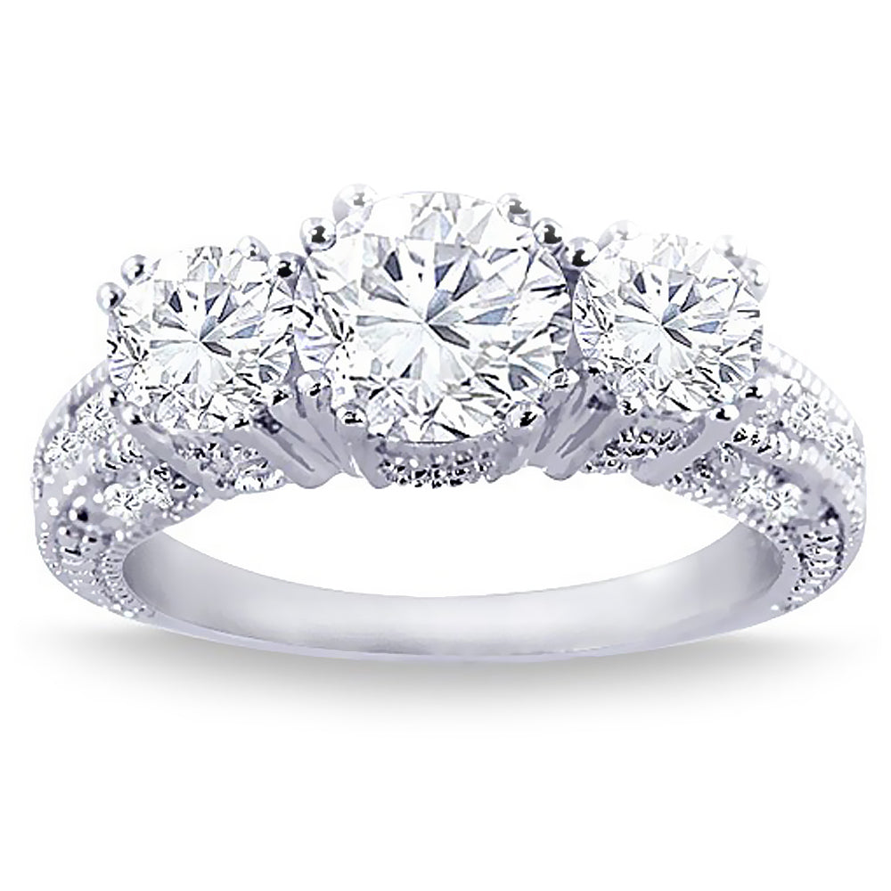 2.05 Carat Round Cut Vintage Three Stone Inspired Diamond Engagement Ring