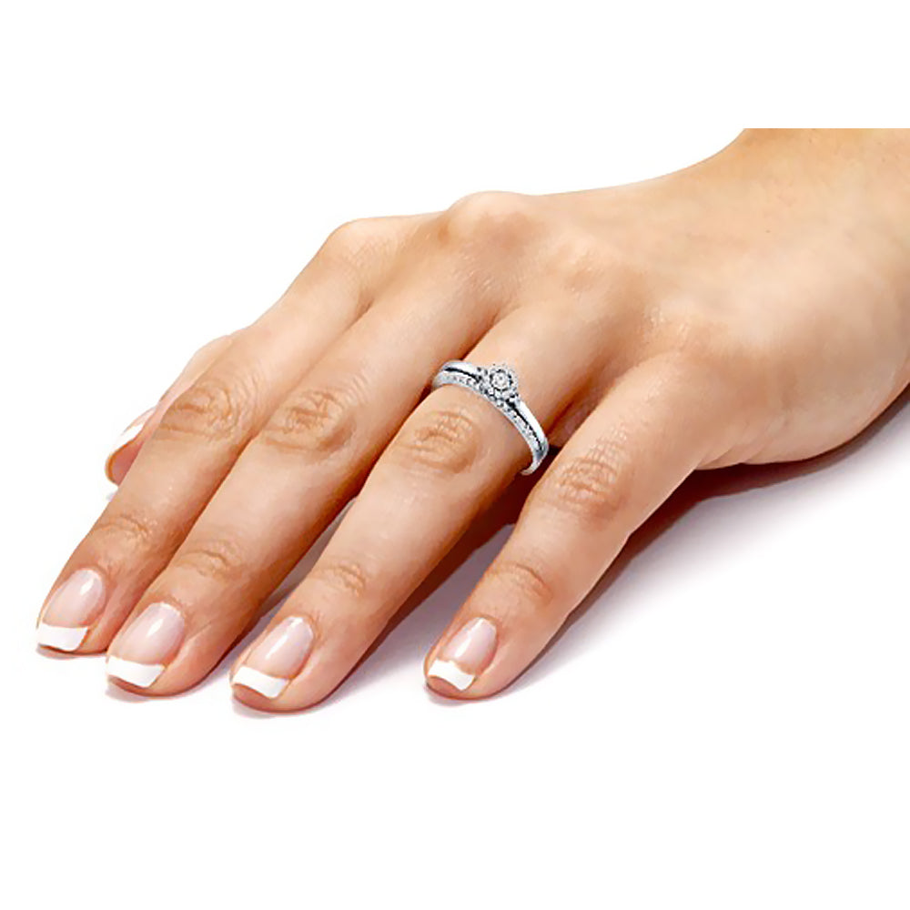 0.35 Carat Brilliant Round Flower Halo Diamond Engagement Wedding Ring Set
