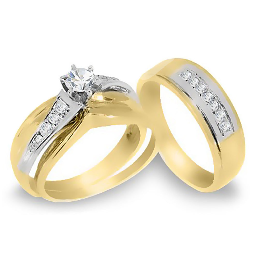 Combination 14K Two Tone Gold His & Hers 0.80 Ct. Tw. Round Cut Diamond Engagement with Wedding Bands Set