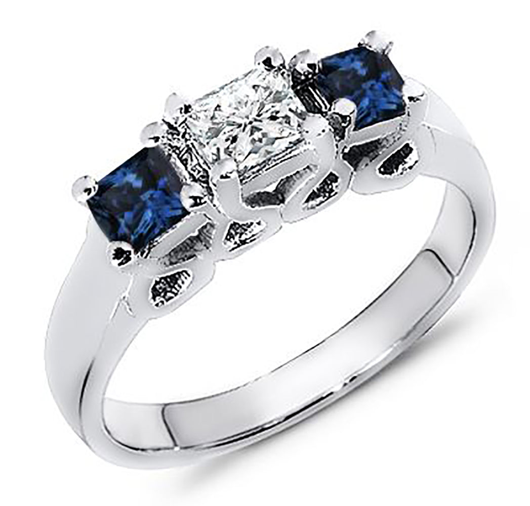 Three Stone Diamond & Natural Blue Sapphire Ring 1.00 Ct. Tw.