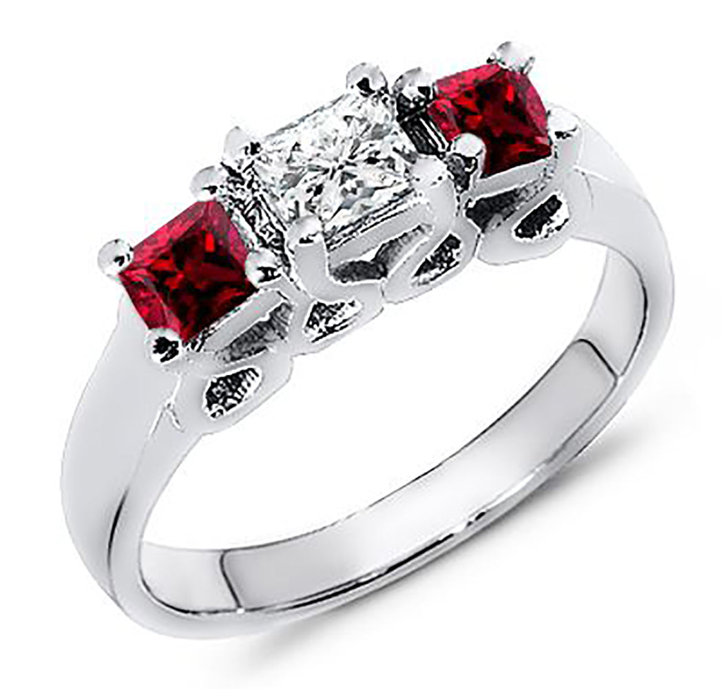 Three Stone Diamond & Natural Ruby Ring 1.00 Ct. Tw.