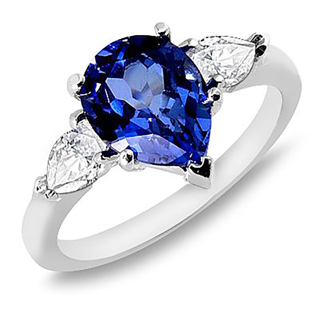 Three Stone 3.00 Ct. Tw. Pear Cut Natural Blue Sapphire & 0.50 Ct. tw. Diamond Ring