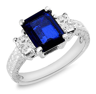 3.00 Ct. Tw. Emerald Cut Natural Blue Sapphire with 1.00 Ct. Tw. Diamond Ring