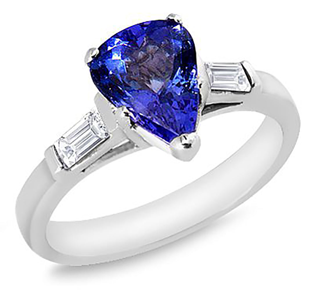 Three Stone 1.00 Ct. Tw. Pear Cut Natural Blue Sapphire with 0.20 Ct. Tw. Diamond Ring