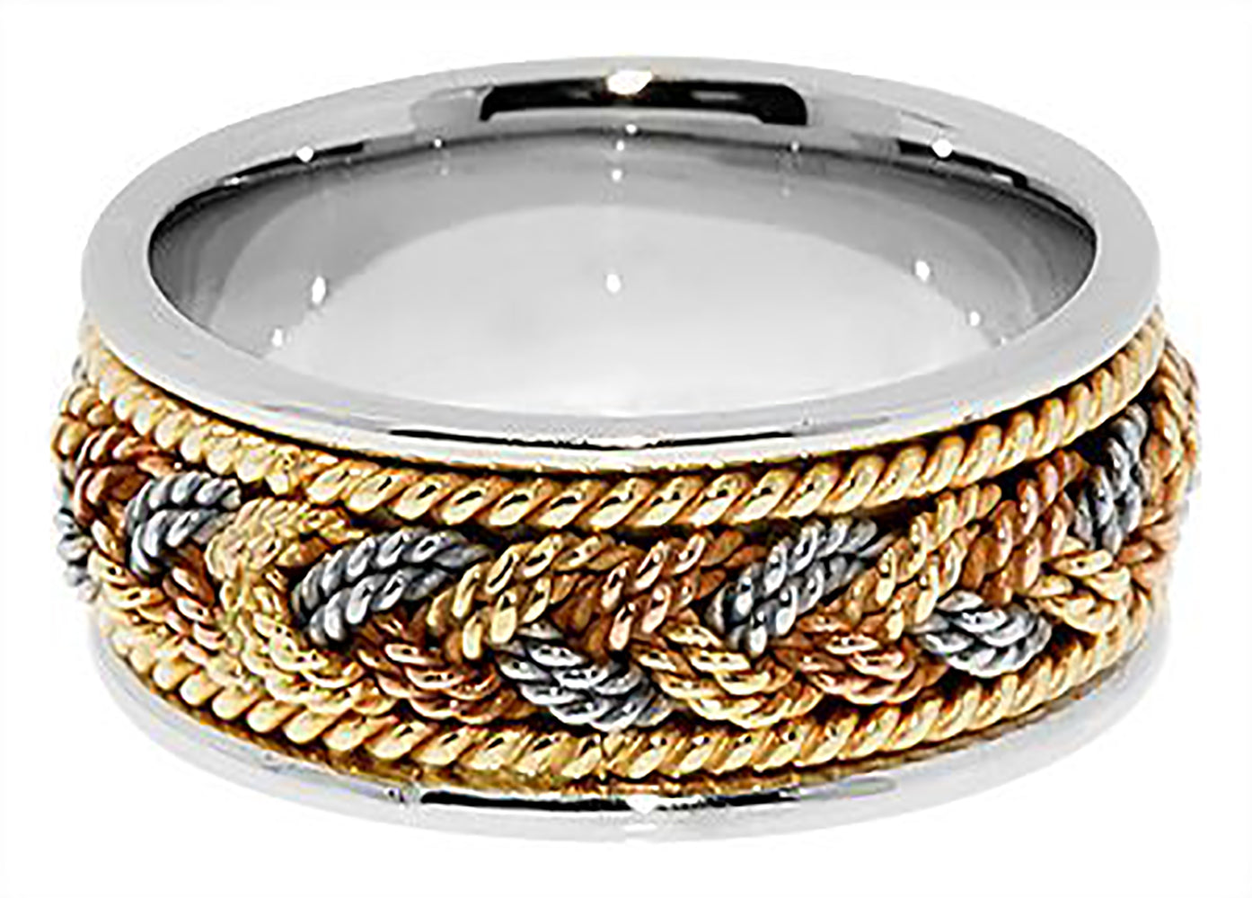 Tri-Color Rope 8MM Hand Braided Solid Gold Wedding Band