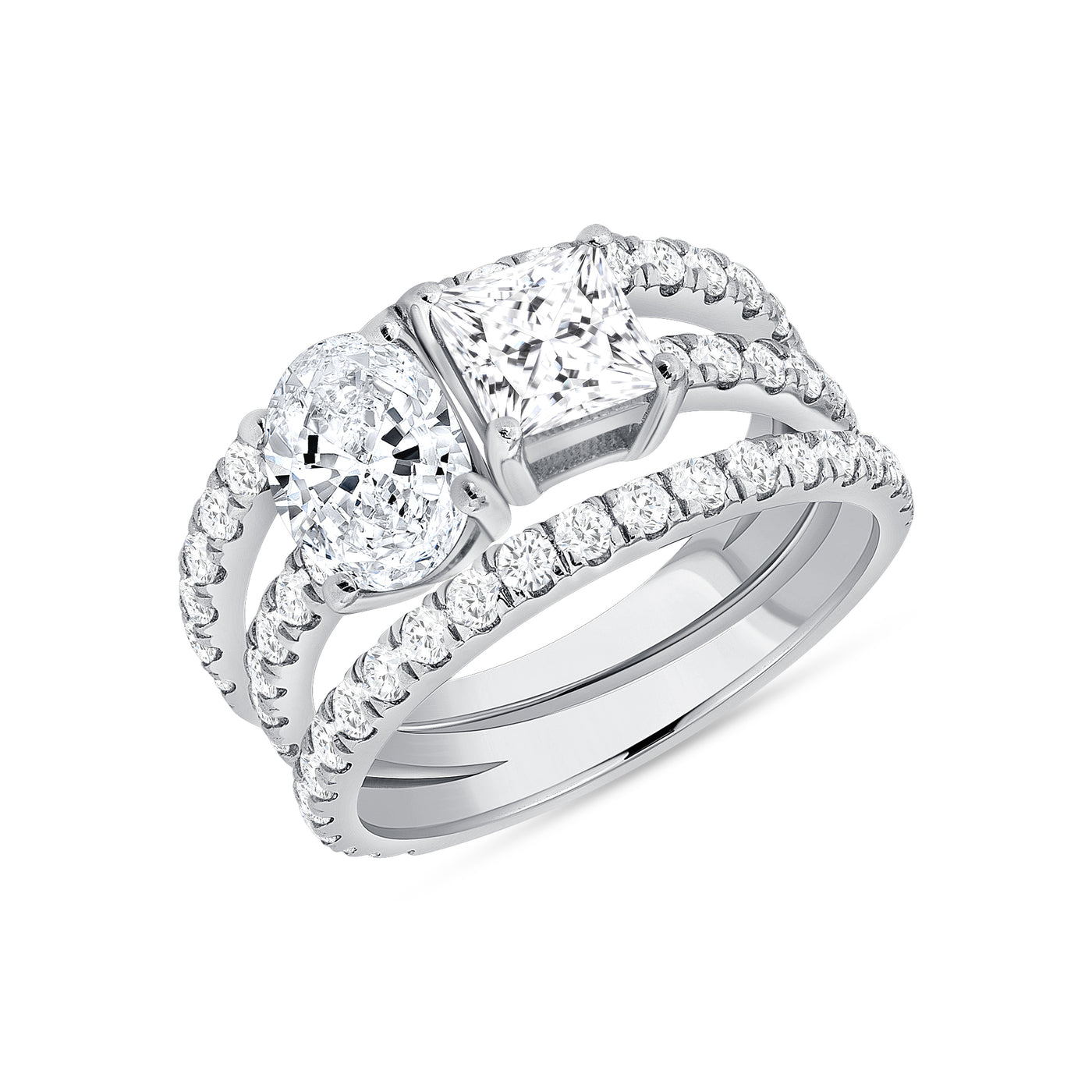 Two Stone Oval & Princess Cut Diamond Engagement Ring Set 1.75 Carat