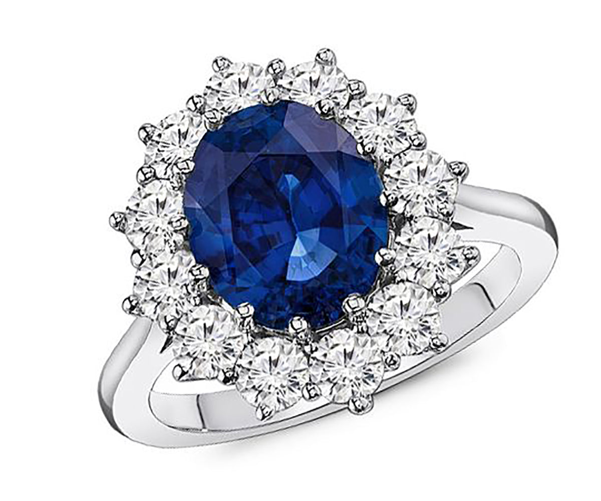 2.70 Ct. Tw. Oval Cut Natural Blue Sapphire with Halo Round Cut Diamond Ring
