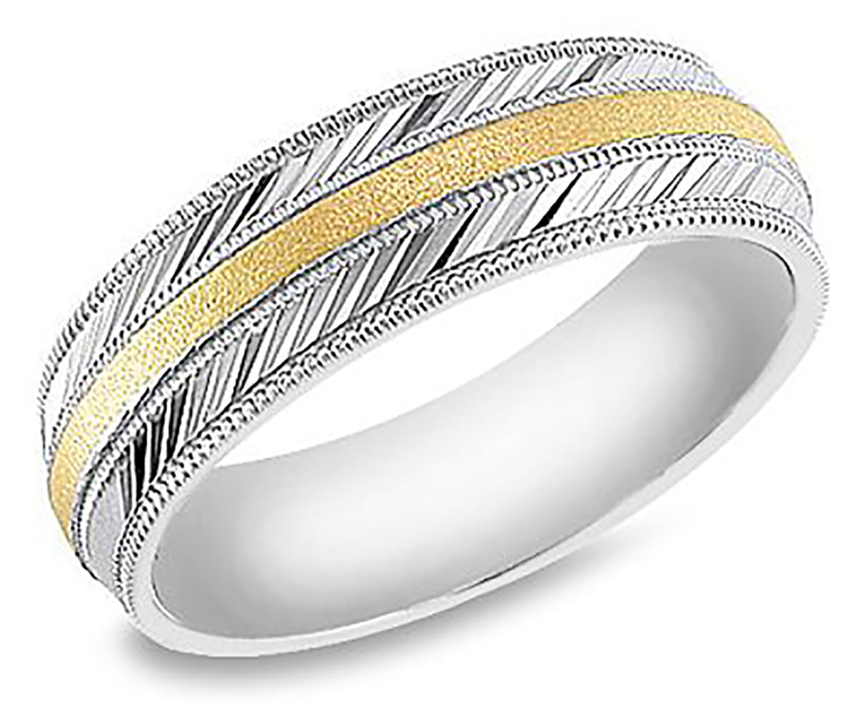 6.5MM Two Tone Gold Hand Etched with Milgrain Wedding Band