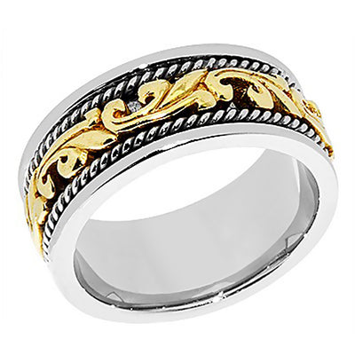 8MM Two Tone Gold Antique Leaf Design with Rope Wedding Band