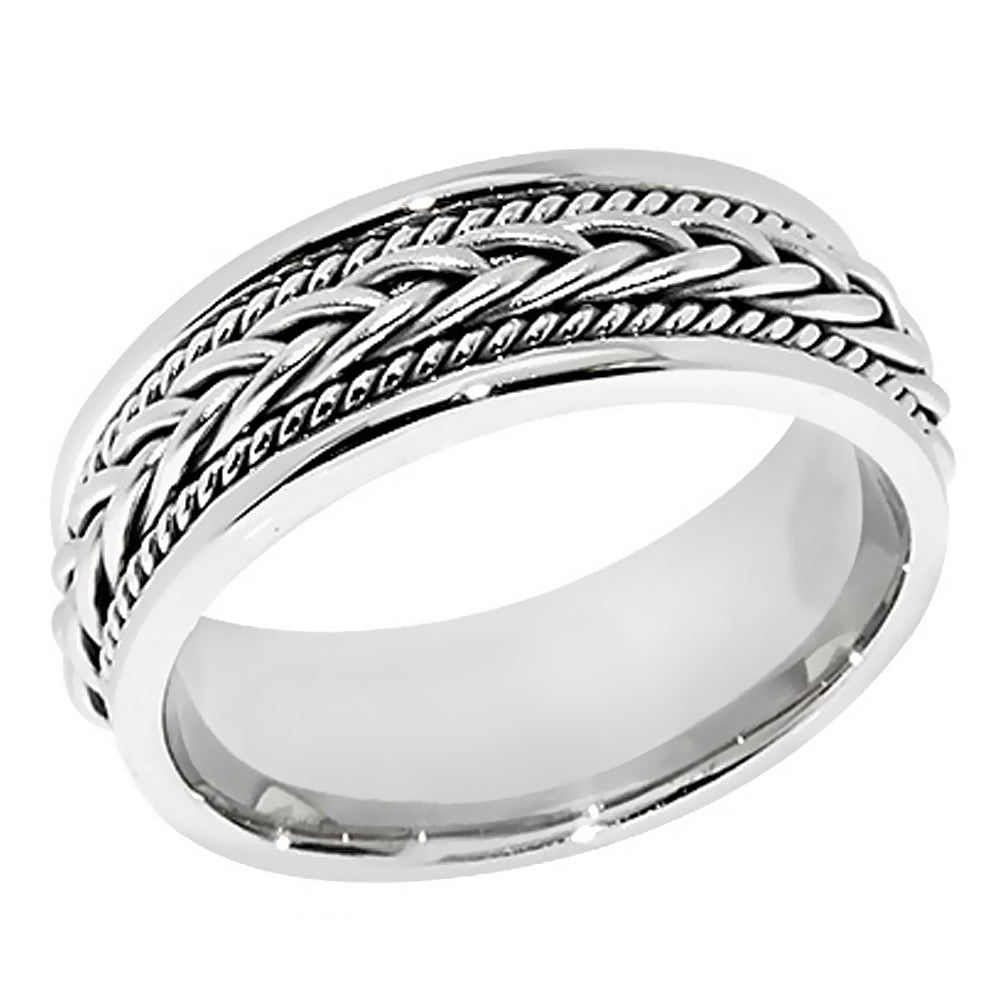 7MM Hand Braided All White Gold Wedding Band