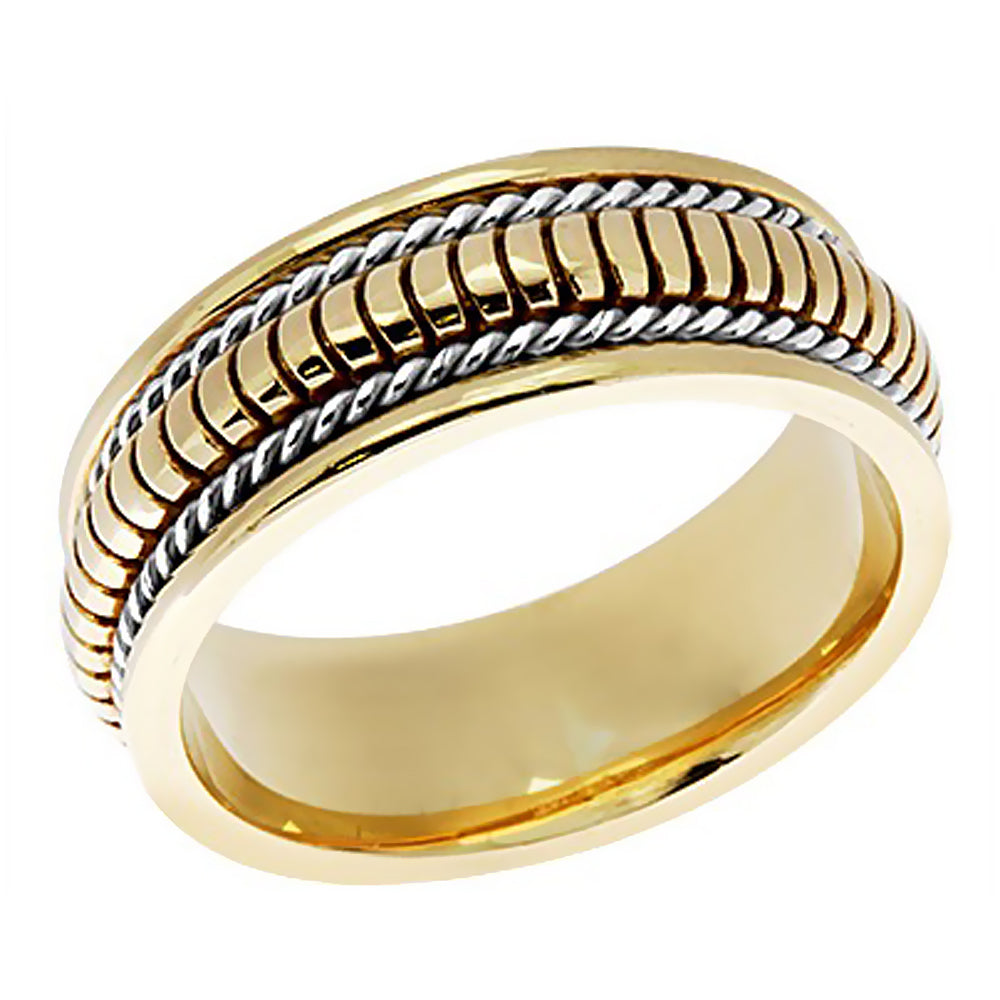8MM Two Tone Gold Ribbed with White Gold Rope Wedding Band WORLDJEWELS